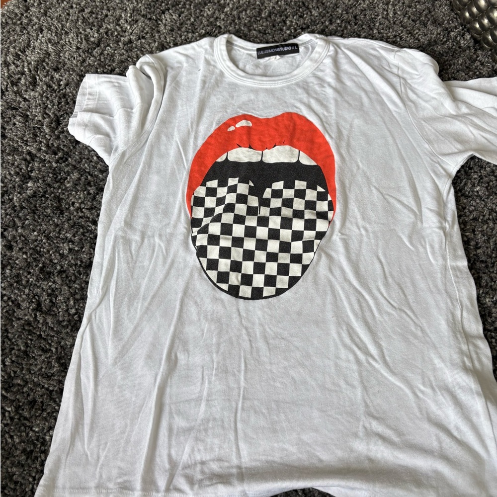 White Graphic Tee with Red and Black Design